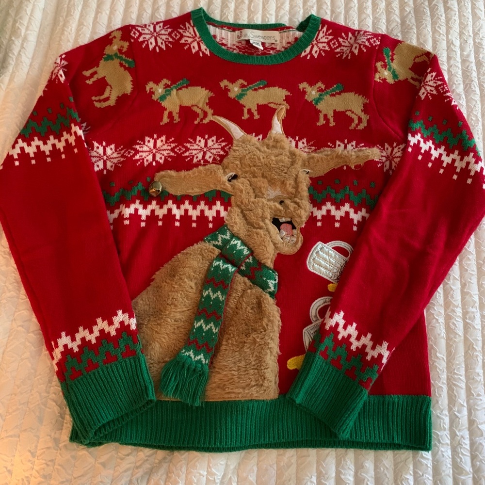 Red Beer Drinking Goat Knit Ugly Christmas Sweater